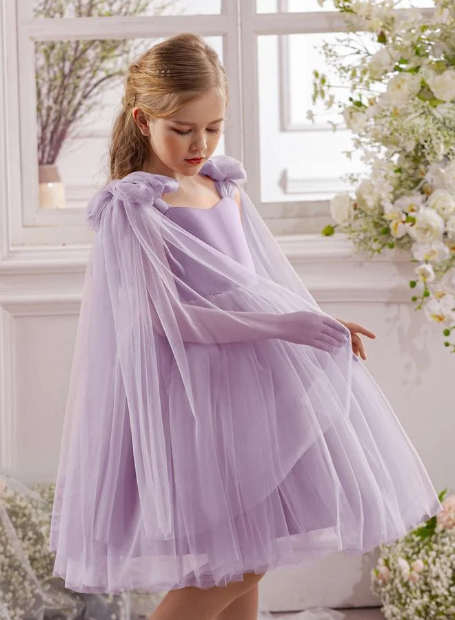 Take Two  Girls Bow Sleeveless Cape Detail Mesh Dress for Women | Best Price UAE